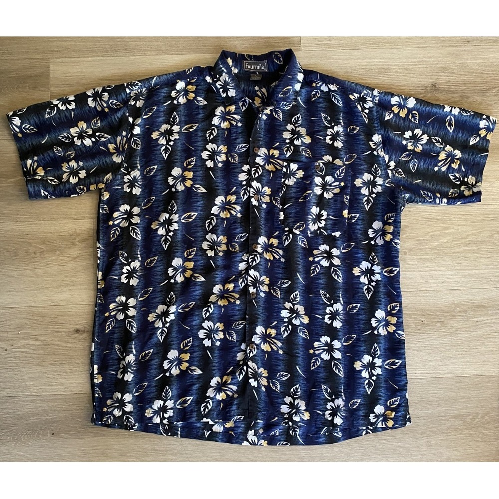 Fourmile Men L Hawaiian Shirt Navy Hibiscus Floral Polyester Aloha